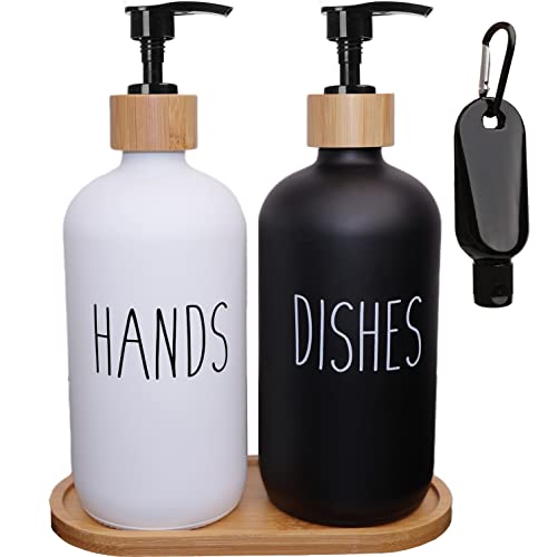 VICUKIE Dish Soap Dispenser, Contains Glass Hand Soap Dispenser and Dish Soap Dispenser, Kitchen Soap Dispenser Set, Matte Black and White, Farmhouse Kitchen Decor，Newly Updated (Black and White)