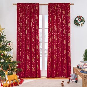 topfinel red foil print velvet curtains for living room and bedroom - thermal insulated blackout curtains, noise reducing window drapes,christmas and party decorations 52 x 108 inches long, 2 panels