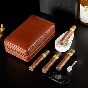 Cigar Humidors, Portable Humidor for Travel and Men's Gifts, Cedar Wood Brown Leather Cigar Accessories with 6 Set（Cigar Cutter*2, Ashtray, Cleaning Pen,Towel）