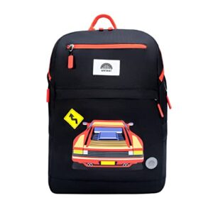 uninni 16" kid's backpack for girls and boys age 6+ with padded, and adjustable shoulder straps. fits for height 3'9" above kids (race car black/red)