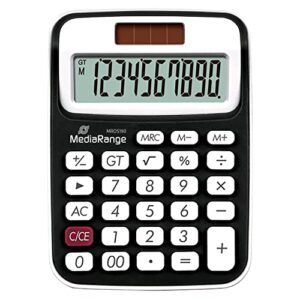 mediarange compact calculator with 10-digit lcd display, solar and battery operation, black/white
