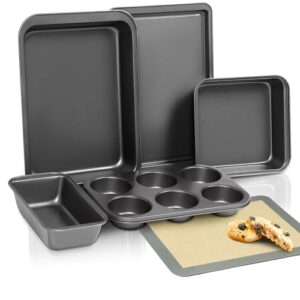 linklife non stick baking pans set 5+1 piece, carbon steel bakeware sets w/oven mat, square cake pan, cookie sheet, deep roasting pan, xl cup muffin, deep roasting pan, loaf box
