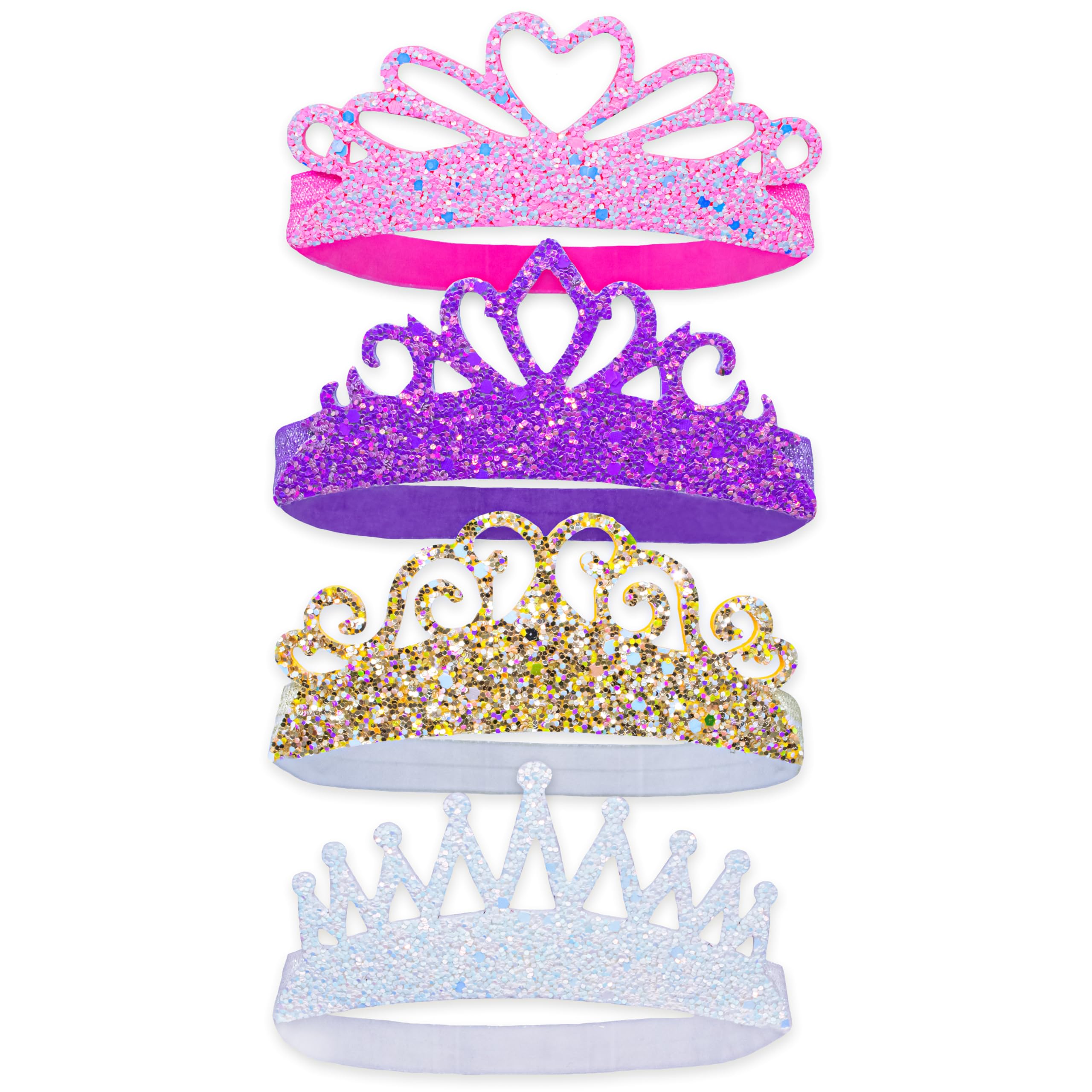 FROG SAC 4 Glitter Tiara Headbands for Girls, Elastic Princess Crown Hair Bands for Toddlers, Stretch Sparkly Hair Accessories for Toddler Girl Children