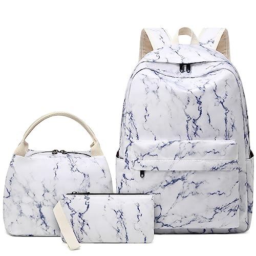 Createy School Backpack for Girls Kids Backpack with Lunch Box Pencil Case Lightweight Marble Prints Backpack Primary Elementary Students Bookbags School Bags Set for Teens