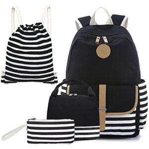 createy 4 pcs canvas backpack for girls school bag kids bookbags teen backpack travel daypack stripe backpack with lunch box and pencil case