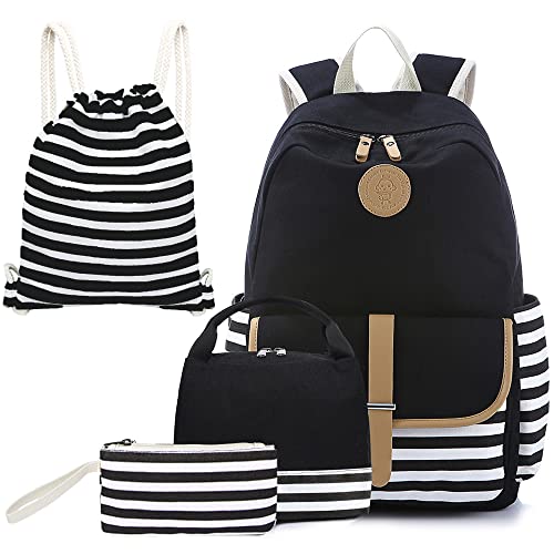 Createy 4 Pcs Canvas Backpack for Girls School Bag Kids Bookbags Teen Backpack Travel Daypack Stripe Backpack with Lunch Box and Pencil Case