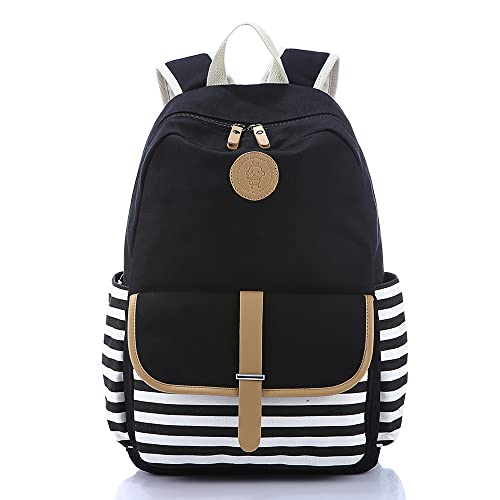 Createy 4 Pcs Canvas Backpack for Girls School Bag Kids Bookbags Teen Backpack Travel Daypack Stripe Backpack with Lunch Box and Pencil Case