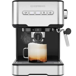 chefman 6-in-1 espresso machine with steamer, one-touch single or double shot maker, coffee cappuccino machine, latte built-in milk frother stainless steel