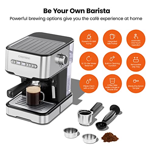 Chefman 6-in-1 Espresso Machine with Steamer, One-Touch Single or Double Shot Maker, Coffee Cappuccino Machine, Latte Built-In Milk Frother Stainless Steel