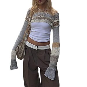 womens y2k knitted crop tops shrugs patchwork crochet hollow out long sleeve off-shoulder loose shirt sweater(g multi-color, large)