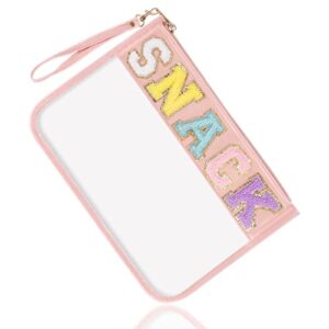 chenille letter clear snack bags purse pouch, monogram pvc & pu clear zipper pouch with wristlet, waterproof portable glitter snacks makeup beach pouch toiletry bag for women girls (snacks-pink)