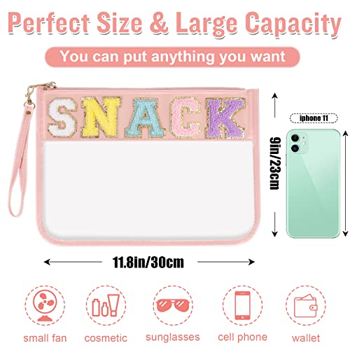 Chenille Letter Clear Snack Bags Purse Pouch, Monogram PVC & PU Clear Zipper Pouch with Wristlet, Waterproof Portable Glitter Snacks Makeup Beach Pouch Toiletry Bag for Women Girls (SNACKS-Pink)