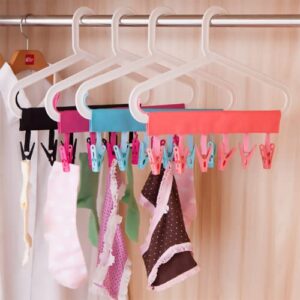 Pansyling Foldable Travel Clothespin Hangers Cloth Clip for Underwear Sock Drying Rack with Clips for Laundry Folding Travel Vecro Hanger Clips Clothesline with 6 Clips, Red Set of 4