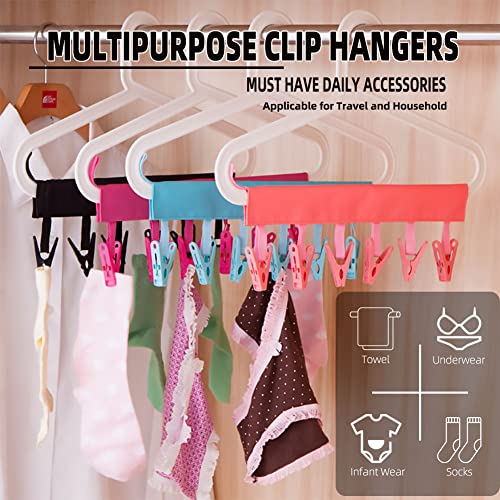 Pansyling Foldable Travel Clothespin Hangers Cloth Clip for Underwear Sock Drying Rack with Clips for Laundry Folding Travel Vecro Hanger Clips Clothesline with 6 Clips, Red Set of 4