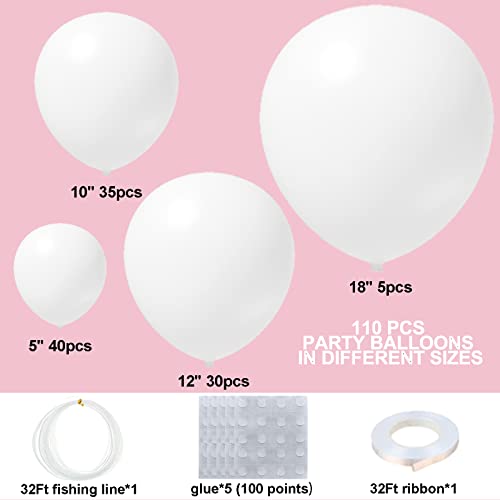 White Balloons 110Pcs White Balloon Garland Arch Kit 5/10/12/18 Inch Matte Latex White Balloons Different Sizes as Baby Shower Balloons Birthday Balloons Wedding Christmas Balloons Party Decorations