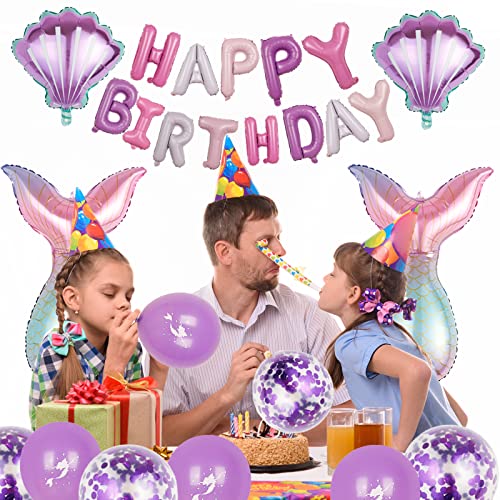 Mermaid Balloons Mermaid Birthday Decorations Mermaid Party Supplies Purple Mermaid Happy Birthday Banner Baby Shower Decorations 28pcs LilyZheng