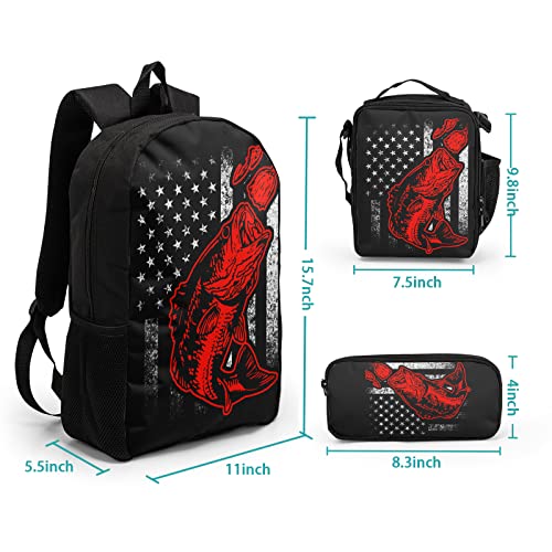 Bass Fishing Lure Teens School Backpack Set American Flag Canvas Girls Boys School Bags Travel Bookbags 3 in 1