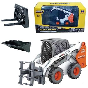 gemini & genius construction truck 3 in 1 skid steer loader with metal forklift and grab shovel construction vehicle 1/50 scale alloy wheeled loader toys for kids (wheel/white)