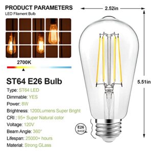 WIHTU Dimmable Vintage LED Edison Bulbs, 8W Equivalent 100W, ST64 Antique LED Filament Bulbs, LED Light Bulbs with 95+ CRI, Warm White 2700K, 1200lumens, E26 Medium Base, Clear Glass, Pack of 4