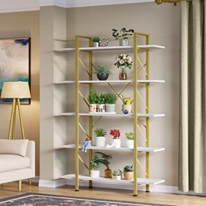 yitahome 5-tier gold bookshelf, artsy modern freestanding 5 shelf bookcases and bookshelves, book rack, storage rack shelves in in living room home office, gold & white