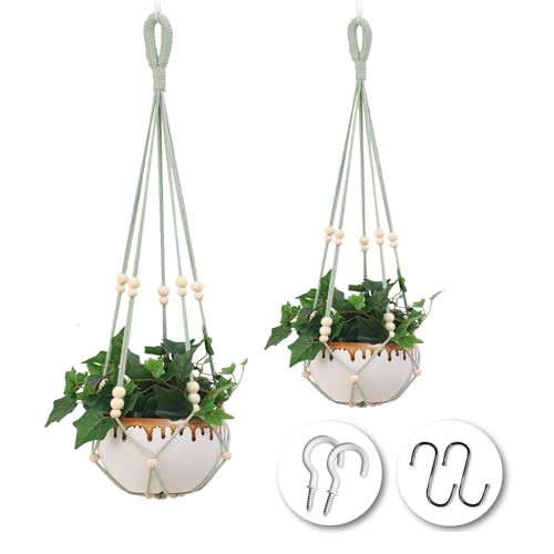 LSEYKRMH 2 Pack Macrame Plant Hangers No Tassel,Hanging Baskets with Wood Bead Hanging Planter Holders No Tail for Indoor Outdoor Plants Holders with Trays & Hooks 24"/31" (Green)