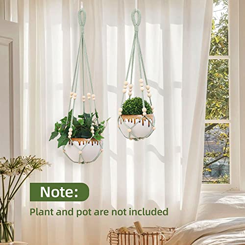 LSEYKRMH 2 Pack Macrame Plant Hangers No Tassel,Hanging Baskets with Wood Bead Hanging Planter Holders No Tail for Indoor Outdoor Plants Holders with Trays & Hooks 24"/31" (Green)