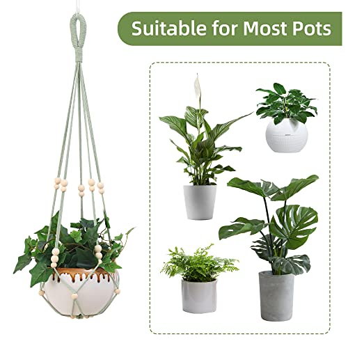 LSEYKRMH 2 Pack Macrame Plant Hangers No Tassel,Hanging Baskets with Wood Bead Hanging Planter Holders No Tail for Indoor Outdoor Plants Holders with Trays & Hooks 24"/31" (Green)