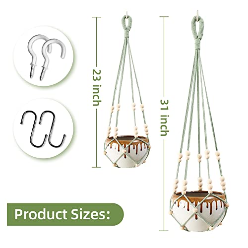 LSEYKRMH 2 Pack Macrame Plant Hangers No Tassel,Hanging Baskets with Wood Bead Hanging Planter Holders No Tail for Indoor Outdoor Plants Holders with Trays & Hooks 24"/31" (Green)