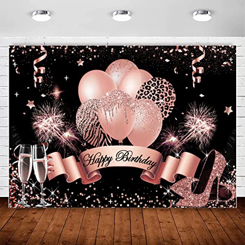 InMemory Rose Gold Birthday Backdrop for Women Girls Happy Birthday Photography Background Glitter Balloons Champagne Heels Black Gold Sequin Dots Decorations Sweet Bday Party Photo Booth Banner 7x5ft