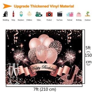 InMemory Rose Gold Birthday Backdrop for Women Girls Happy Birthday Photography Background Glitter Balloons Champagne Heels Black Gold Sequin Dots Decorations Sweet Bday Party Photo Booth Banner 7x5ft