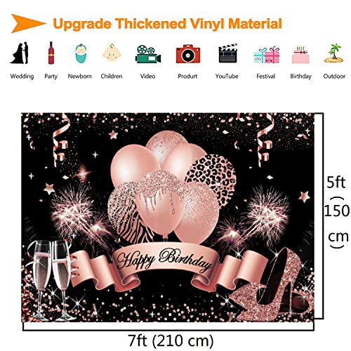 InMemory Rose Gold Birthday Backdrop for Women Girls Happy Birthday Photography Background Glitter Balloons Champagne Heels Black Gold Sequin Dots Decorations Sweet Bday Party Photo Booth Banner 7x5ft