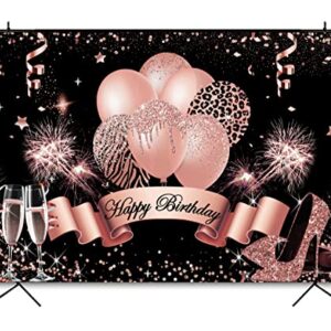 InMemory Rose Gold Birthday Backdrop for Women Girls Happy Birthday Photography Background Glitter Balloons Champagne Heels Black Gold Sequin Dots Decorations Sweet Bday Party Photo Booth Banner 7x5ft