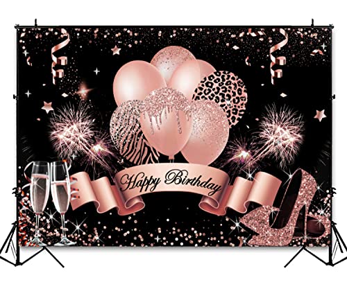 InMemory Rose Gold Birthday Backdrop for Women Girls Happy Birthday Photography Background Glitter Balloons Champagne Heels Black Gold Sequin Dots Decorations Sweet Bday Party Photo Booth Banner 7x5ft
