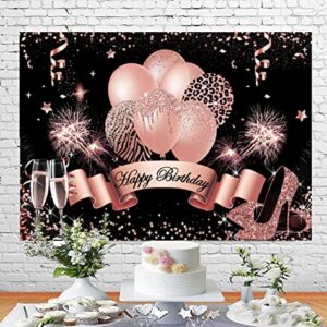 InMemory Rose Gold Birthday Backdrop for Women Girls Happy Birthday Photography Background Glitter Balloons Champagne Heels Black Gold Sequin Dots Decorations Sweet Bday Party Photo Booth Banner 7x5ft