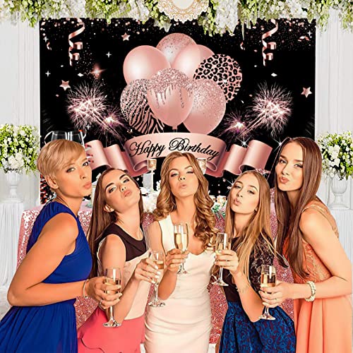 InMemory Rose Gold Birthday Backdrop for Women Girls Happy Birthday Photography Background Glitter Balloons Champagne Heels Black Gold Sequin Dots Decorations Sweet Bday Party Photo Booth Banner 7x5ft