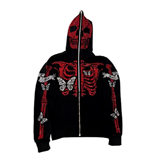 Sunwittafy Rhinestone Full Zip Up Hoodie Over Face Oversized Y2k Jackets Hooded Sweatshirt Vintage Harajuku Streetwear