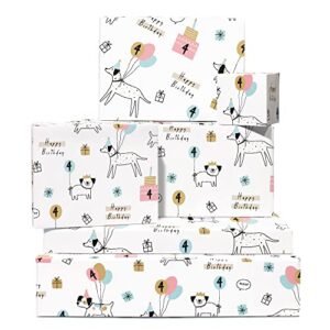 central 23 4th birthday wrapping paper for kids - 6 sheets of white gift wrap with tags - age four - dogs cake present balloon - animal wrapping paper sheet for kids boys girls - son daughter