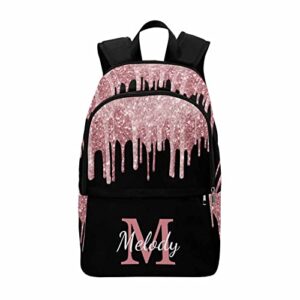 MyPupSocks Custom Rose Gold Sparkle Drips Black Backpack for Daughter Son, Personalized Initial Name Logo Bag Schoolbag Casual Daypack Travel Laptop Bag Backpack for Men Women Teens Travel Picnic