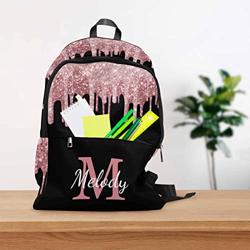 MyPupSocks Custom Rose Gold Sparkle Drips Black Backpack for Daughter Son, Personalized Initial Name Logo Bag Schoolbag Casual Daypack Travel Laptop Bag Backpack for Men Women Teens Travel Picnic