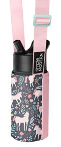 simple modern kid's water bottle carrier sling with adjustable strap | bottle holder crossbody bag for walking, hiking and school | summit collection | unicorn fields