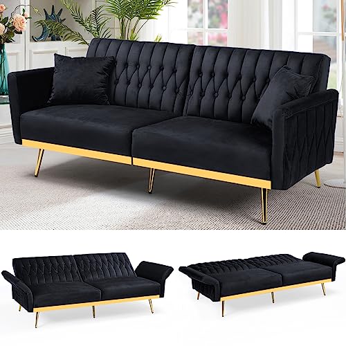 ACMEASE 70” Velvet Futon Sofa Bed with 2 Pillows and Adjustable Armrests, Convertible Sleeper Bed, Modern Loveseat for Living Room, Bedroom, Black