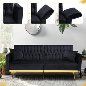 ACMEASE 70” Velvet Futon Sofa Bed with 2 Pillows and Adjustable Armrests, Convertible Sleeper Bed, Modern Loveseat for Living Room, Bedroom, Black