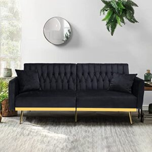 ACMEASE 70” Velvet Futon Sofa Bed with 2 Pillows and Adjustable Armrests, Convertible Sleeper Bed, Modern Loveseat for Living Room, Bedroom, Black