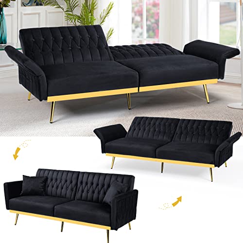 ACMEASE 70” Velvet Futon Sofa Bed with 2 Pillows and Adjustable Armrests, Convertible Sleeper Bed, Modern Loveseat for Living Room, Bedroom, Black