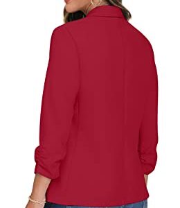 ONLYSTORY Womens Blazer Jackets for Women 3/4 Ruched Sleeve Work Casual Lightweight Blazer with Pockets Red-18