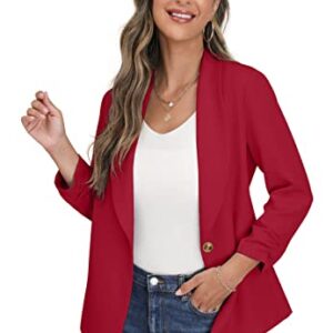 ONLYSTORY Womens Blazer Jackets for Women 3/4 Ruched Sleeve Work Casual Lightweight Blazer with Pockets Red-18