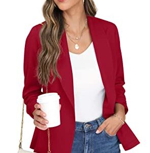 ONLYSTORY Womens Blazer Jackets for Women 3/4 Ruched Sleeve Work Casual Lightweight Blazer with Pockets Red-18