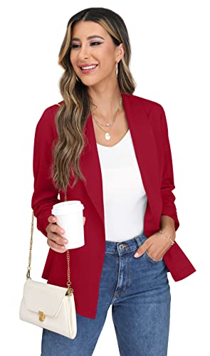 ONLYSTORY Womens Blazer Jackets for Women 3/4 Ruched Sleeve Work Casual Lightweight Blazer with Pockets Red-18