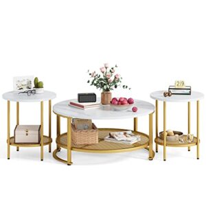 linsy home round coffee table set of 3 for living room, modern coffee table with open storage, wood surface top & sturdy metal legs large circle coffee table, white and gold