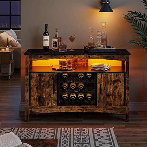 Bestier Wine Bar Cabinet with Detachable Wine Rack Insert, Farmhouse Coffee Bar Sideboard with LED Lights,Wood Entryway Console with Barn Door Rustic Brown